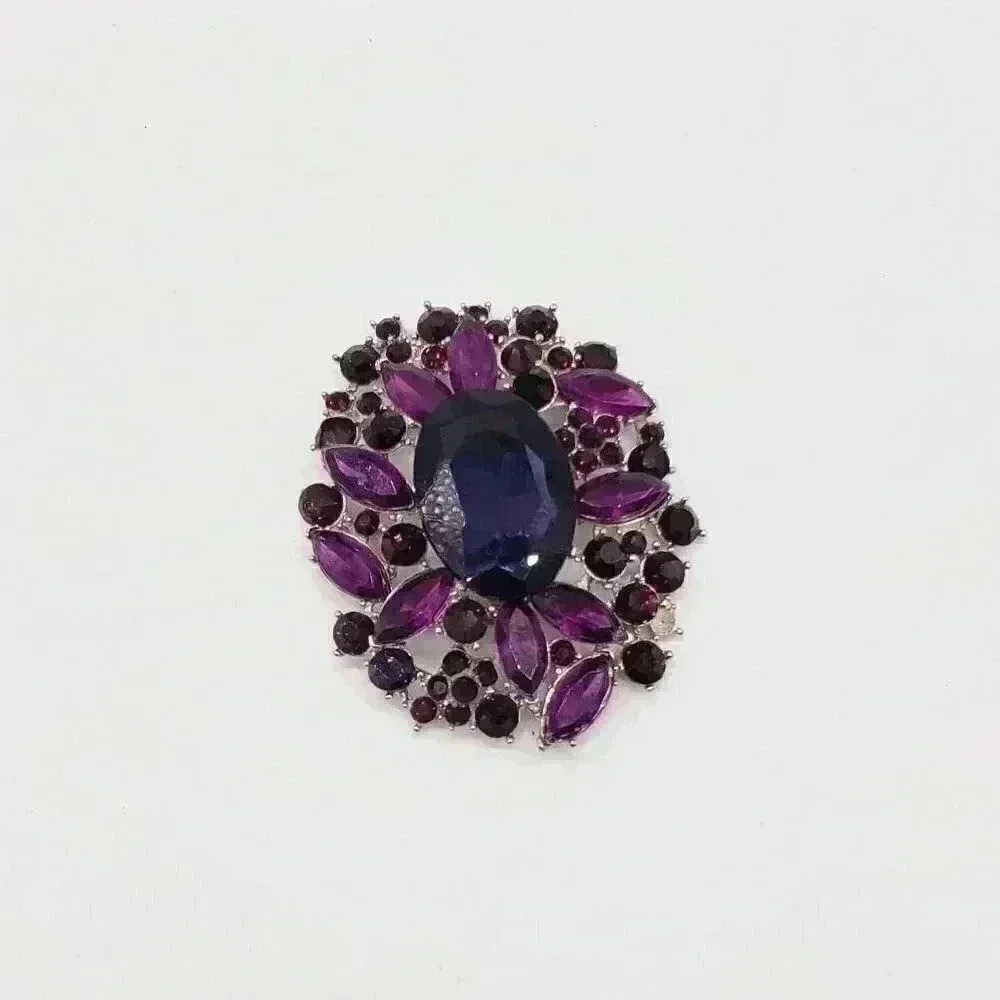 Purple and Blue Crystal Floral Brooch - Brand Unspecified
